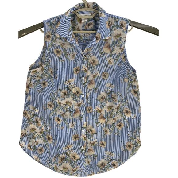 HM Blouse Size 8 Blue White Floral All Over Print Sleeveless Button Up Preppy - Picture 2 of 7